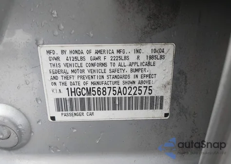 2005 Honda Accord 2.4 Ex из США, поврежденный, VIN 1HGCM56875A022575